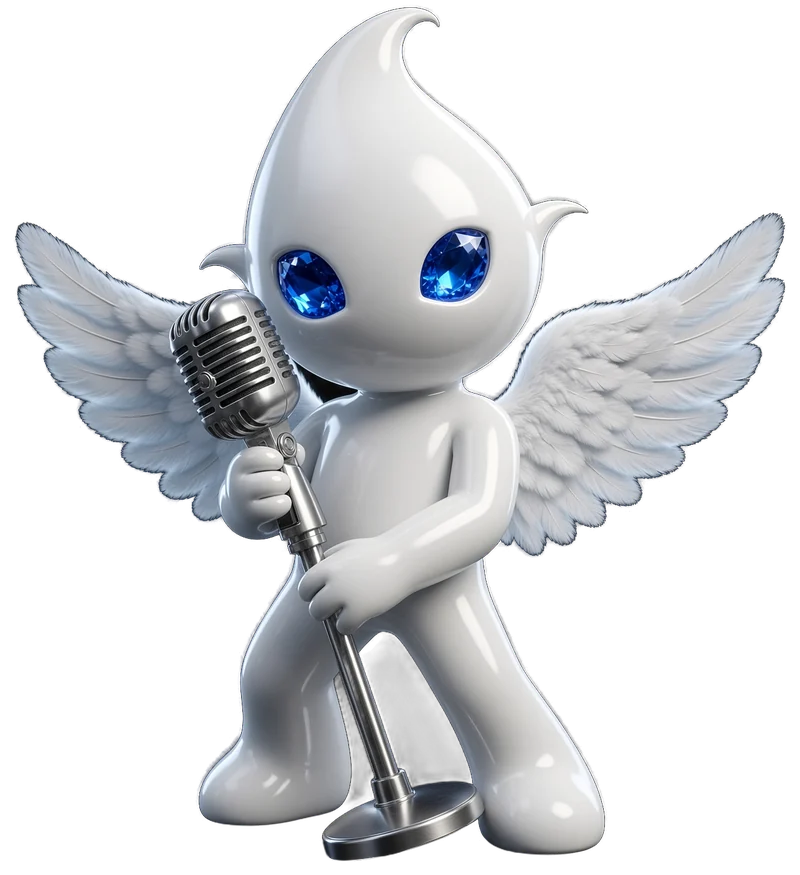 The Broken Truth mascot, a white angel with sapphire eyes, holding a vintage microphone