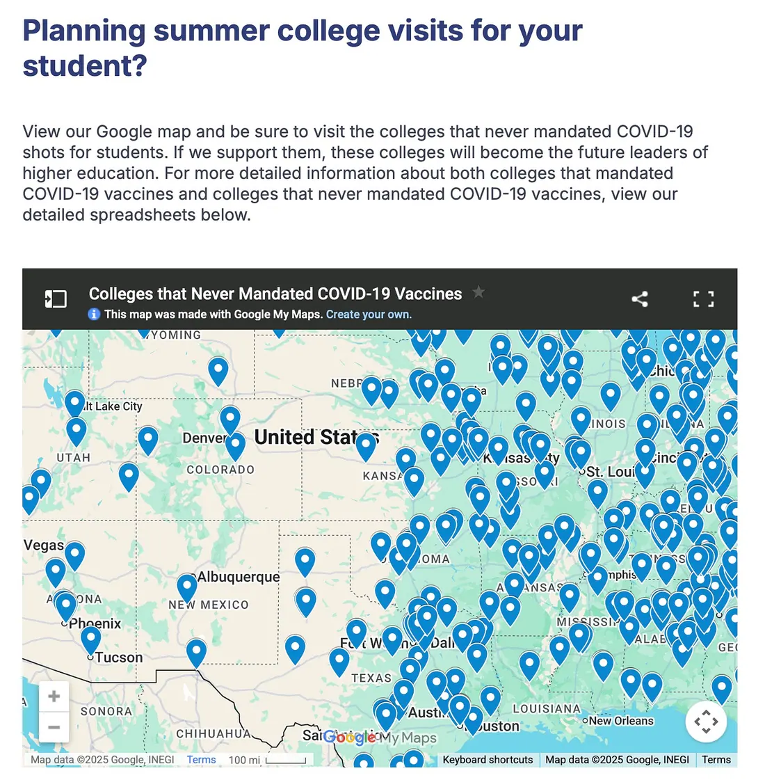 Map of Colleges that Never Mandates Covid-19 Vaccines from No College Mandates website
