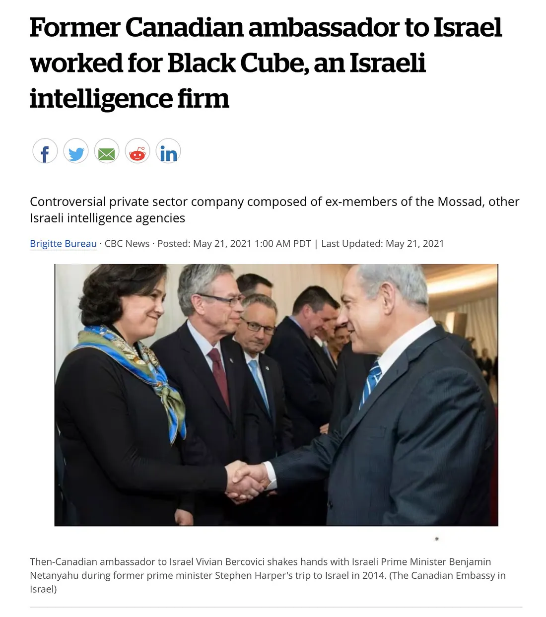 Former Canadian ambassador to Israel worked for Black Cube, an Israeli intelligence firm