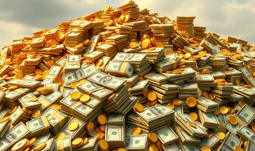 big piles of money and gold