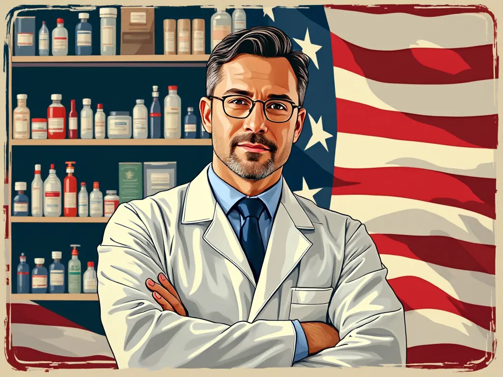 Grok illustration of patriotic pharmacist