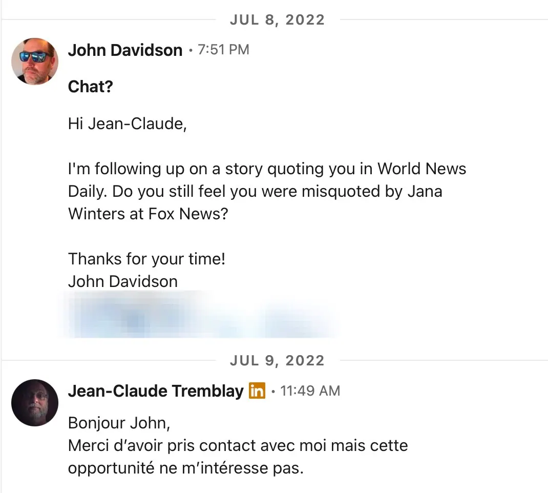 “ Hello John, Thank you for contacting me but I am not interested in this opportunity.”