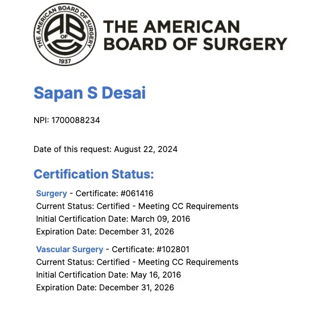 Sapan S. Desai’s ACTIVE board certification as of 8/22/2024