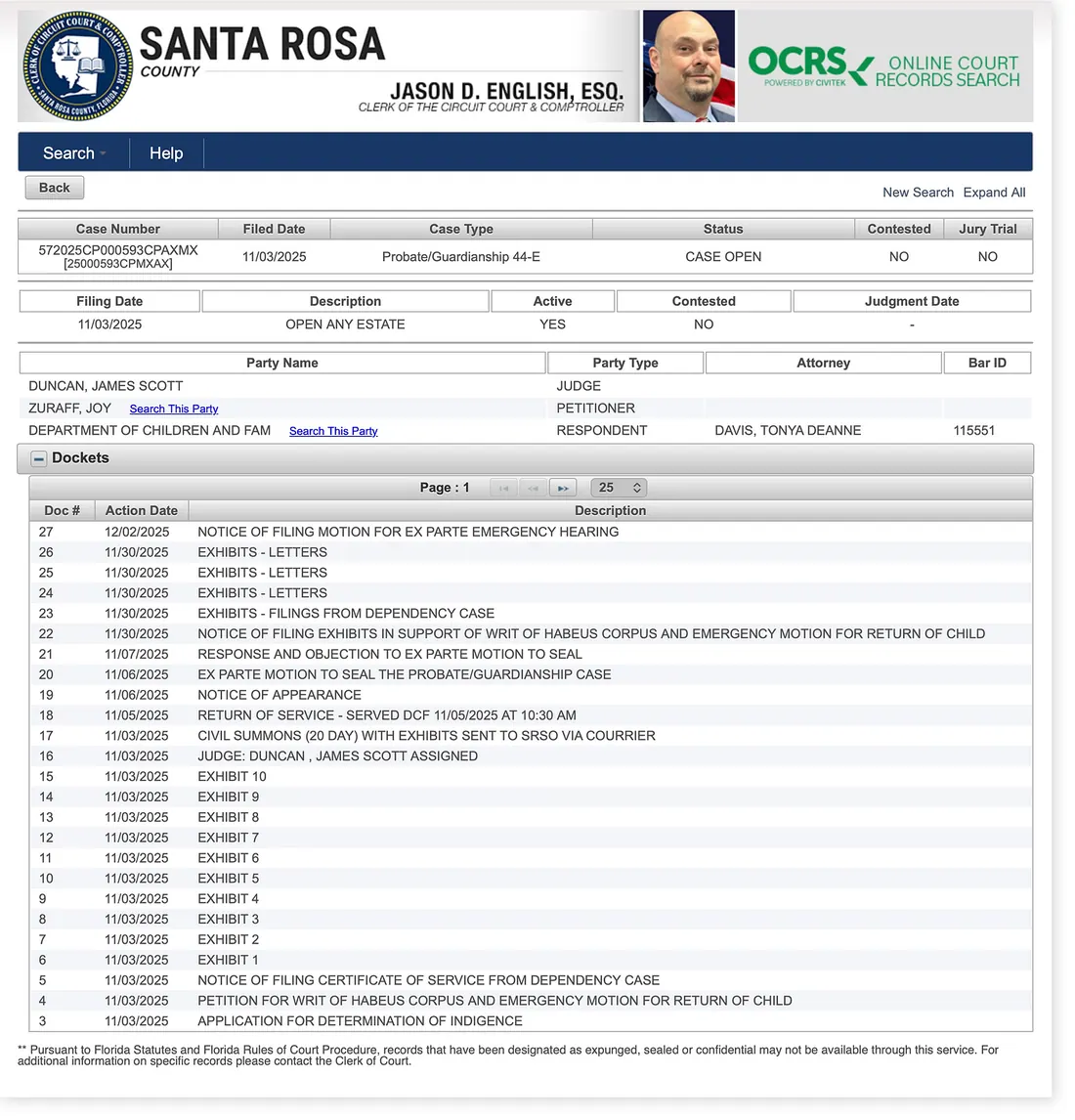 Source revealing Judge was changed. Dates are not accurate on Santa Rosa court site.