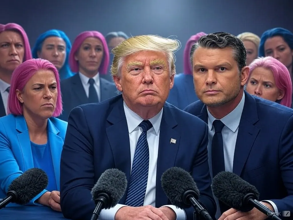 GROK AI Generated Image of President Trump and Pete Hegseth surrounded by angry journalists